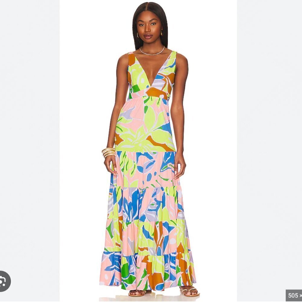 Maaji Marea Pink, Yellow, Blue Neon Deep Plunge Tiered Maxi Dress